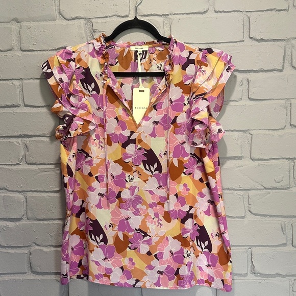 NEW Pleione Floral Ruffle Sleeve Blouse - Pink and Yellow size M - Picture 1 of 6